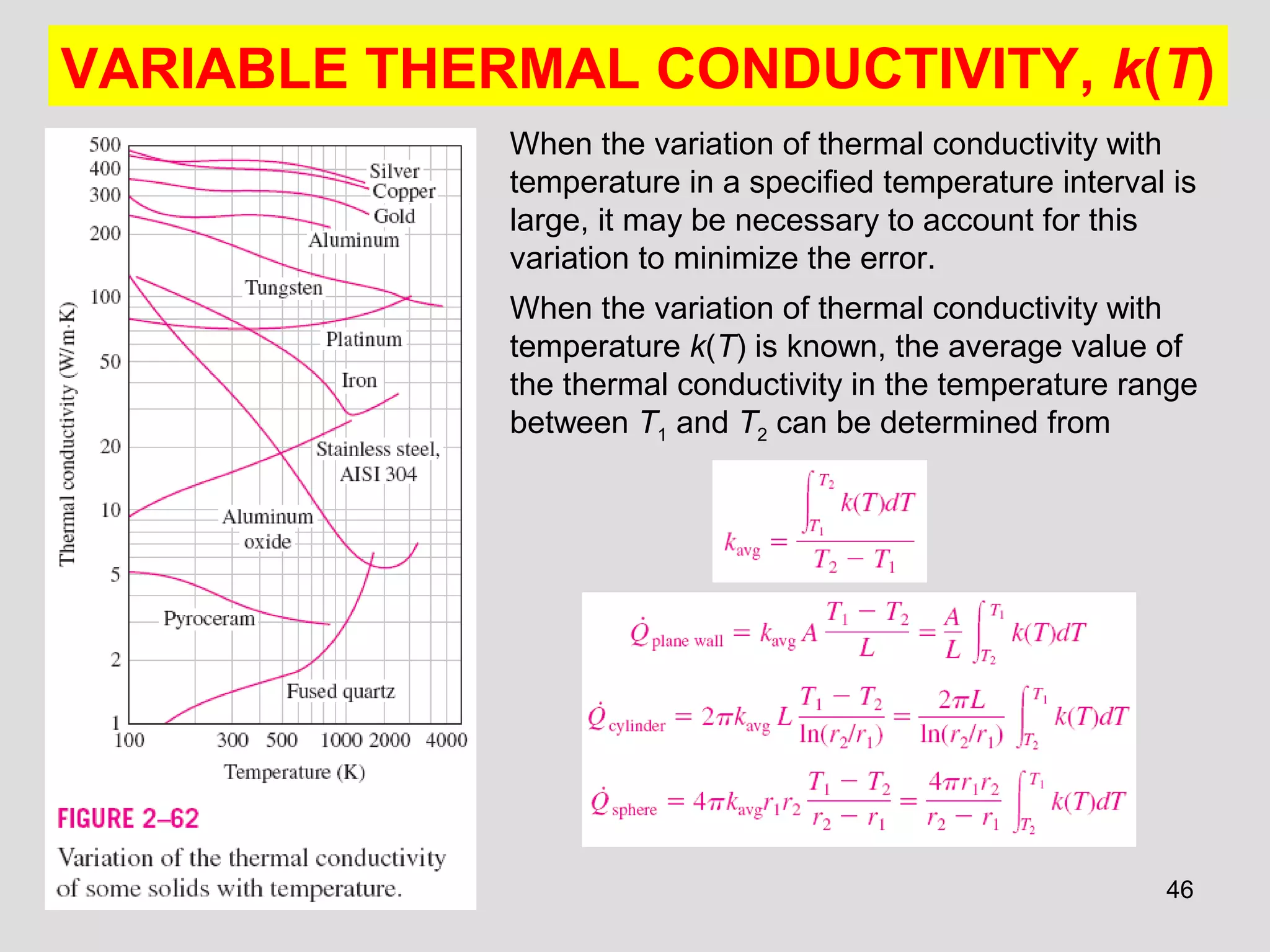 46
VARIABLE THERMAL CONDUCTIVITY, k(T)
When the variation of thermal conductivity with
temperature in a specified temperature interval is
large, it may be necessary to account for this
variation to minimize the error.
When the variation of thermal conductivity with
temperature k(T) is known, the average value of
the thermal conductivity in the temperature range
between T1 and T2 can be determined from
 
