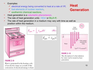10
Heat
Generation
• Examples:
 electrical energy being converted to heat at a rate of I2
R,
 fuel elements of nuclear reactors,
 exothermic chemical reactions.
• Heat generation is a volumetric phenomenon.
• The rate of heat generation units : W/m3
or Btu/h·ft3
.
• The rate of heat generation in a medium may vary with time as well as
position within the medium.
 