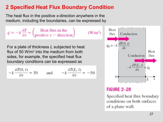 27
2 Specified Heat Flux Boundary Condition
For a plate of thickness L subjected to heat
flux of 50 W/m2
into the medium from both
sides, for example, the specified heat flux
boundary conditions can be expressed as
The heat flux in the positive x-direction anywhere in the
medium, including the boundaries, can be expressed by
 