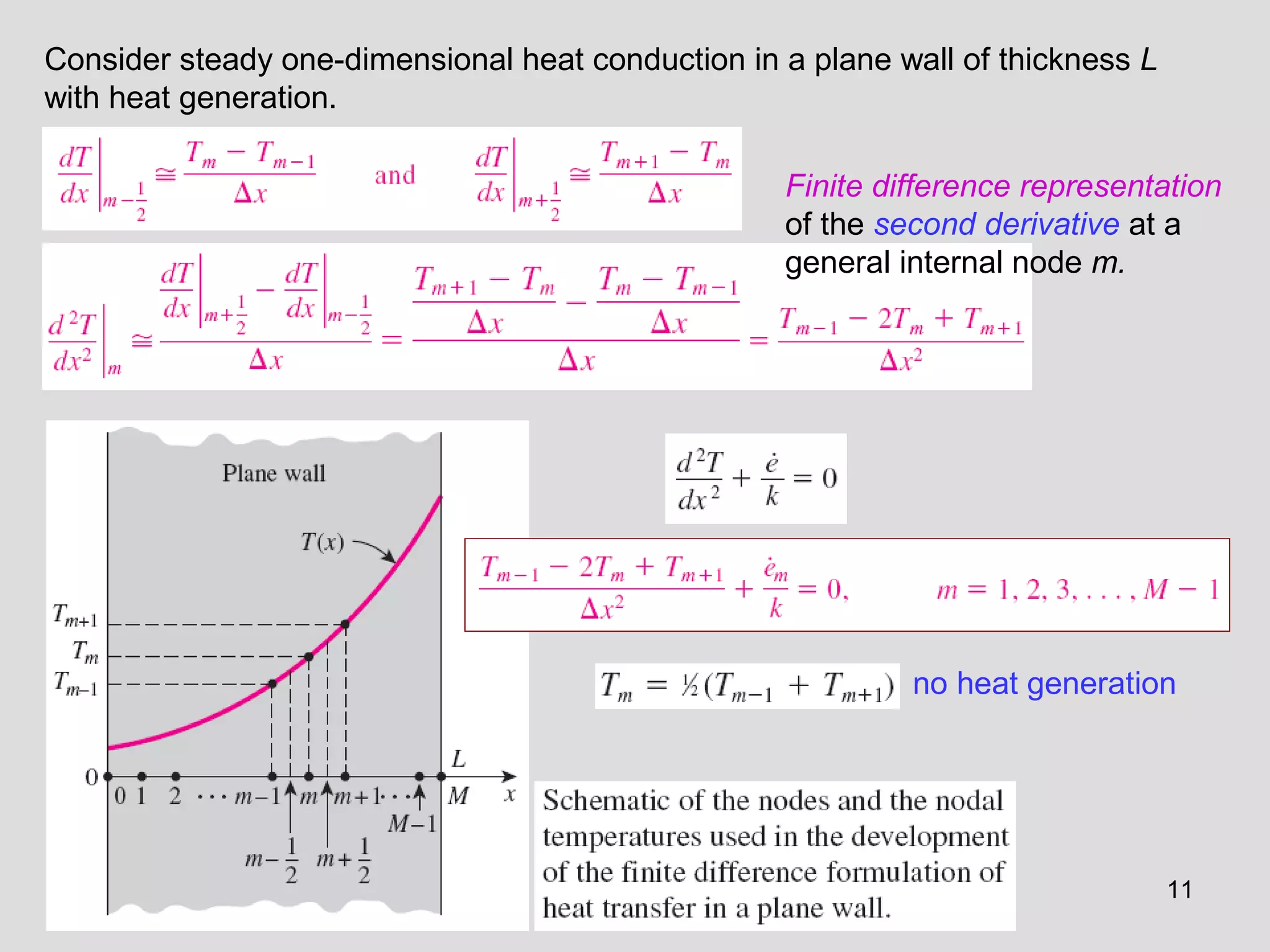 11
Consider steady one-dimensional heat conduction in a plane wall of thickness L
with heat generation.
Finite difference representation
of the second derivative at a
general internal node m.
no heat generation
 