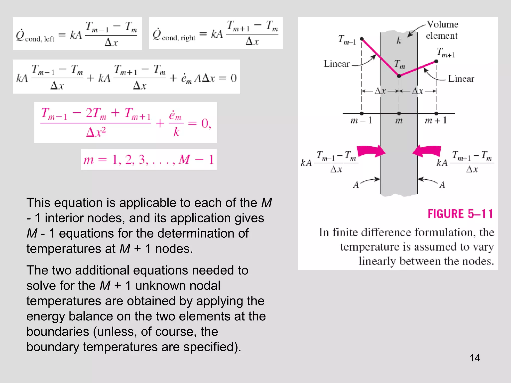 14
This equation is applicable to each of the M
- 1 interior nodes, and its application gives
M - 1 equations for the determination of
temperatures at M + 1 nodes.
The two additional equations needed to
solve for the M + 1 unknown nodal
temperatures are obtained by applying the
energy balance on the two elements at the
boundaries (unless, of course, the
boundary temperatures are specified).
 