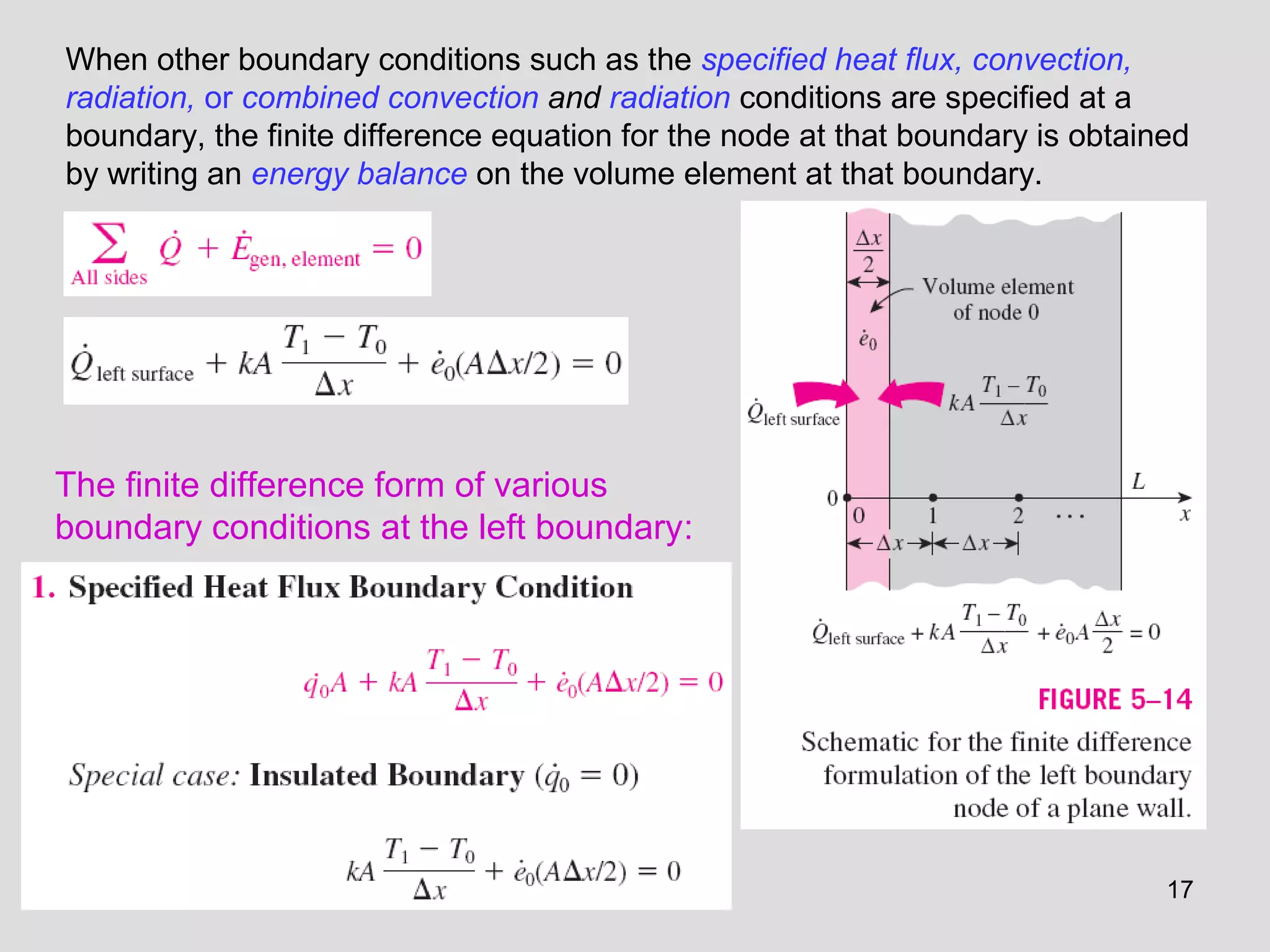 17
When other boundary conditions such as the specified heat flux, convection,
radiation, or combined convection and radiation conditions are specified at a
boundary, the finite difference equation for the node at that boundary is obtained
by writing an energy balance on the volume element at that boundary.
The finite difference form of various
boundary conditions at the left boundary:
 