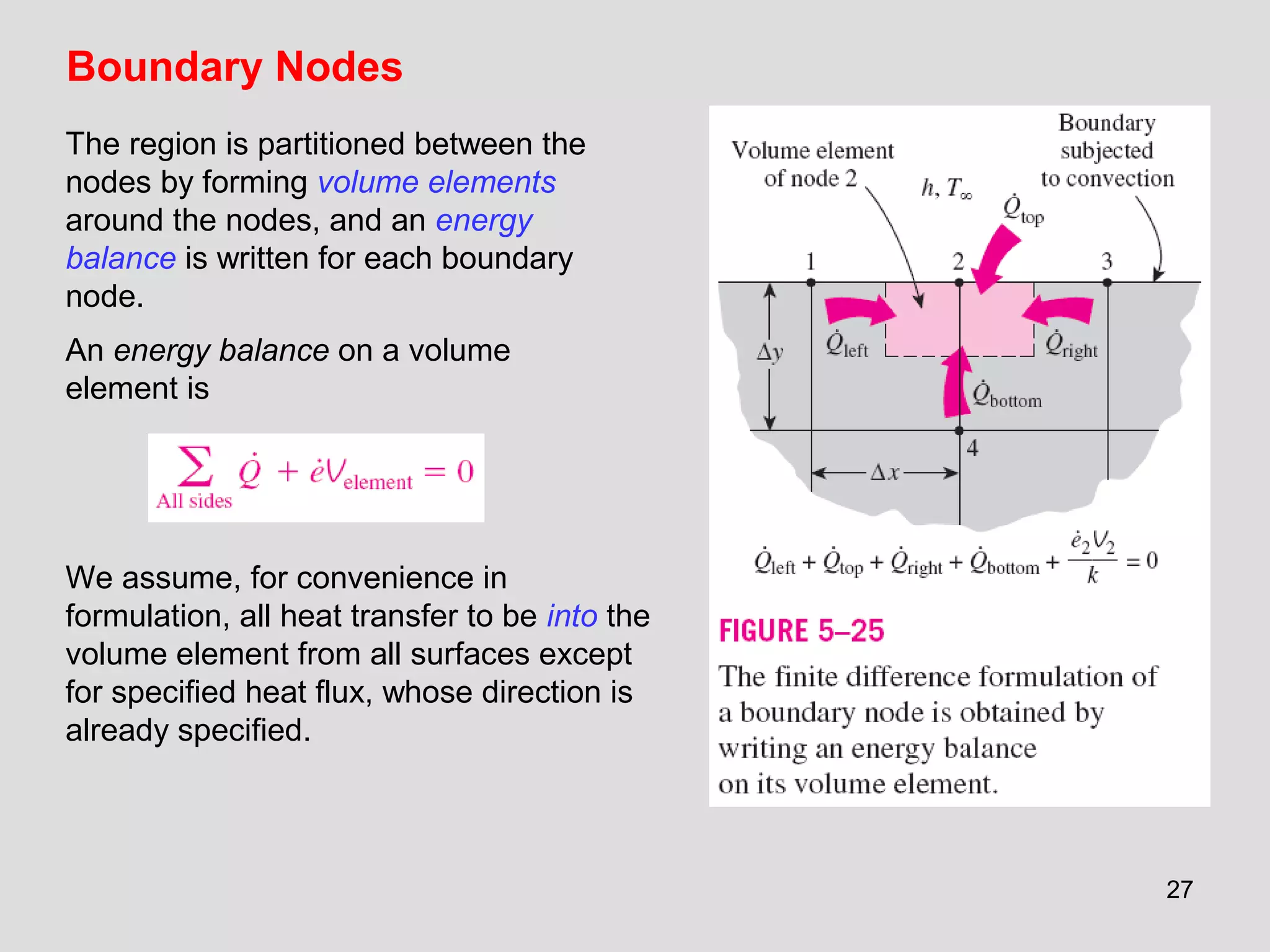 27
Boundary Nodes
The region is partitioned between the
nodes by forming volume elements
around the nodes, and an energy
balance is written for each boundary
node.
An energy balance on a volume
element is
We assume, for convenience in
formulation, all heat transfer to be into the
volume element from all surfaces except
for specified heat flux, whose direction is
already specified.
 