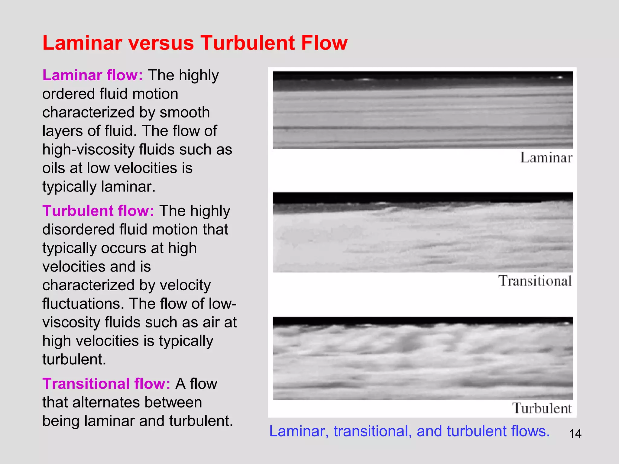 1414
Laminar versus Turbulent Flow
Laminar flow: The highly
ordered fluid motion
characterized by smooth
layers of fluid. The flow of
high-viscosity fluids such as
oils at low velocities is
typically laminar.
Turbulent flow: The highly
disordered fluid motion that
typically occurs at high
velocities and is
characterized by velocity
fluctuations. The flow of low-
viscosity fluids such as air at
high velocities is typically
turbulent.
Transitional flow: A flow
that alternates between
being laminar and turbulent.
Laminar, transitional, and turbulent flows.
 