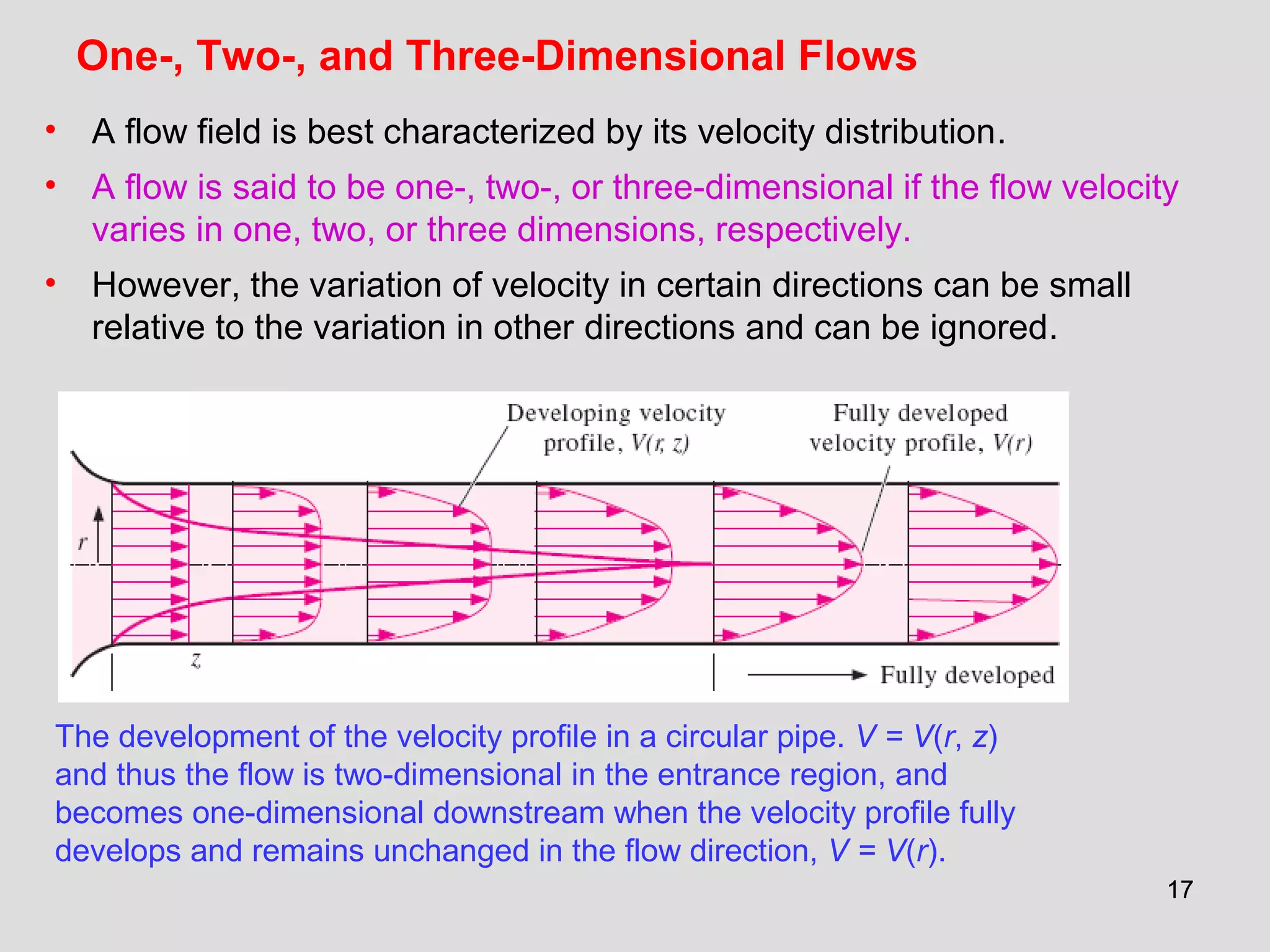 1717
One-, Two-, and Three-Dimensional Flows
• A flow field is best characterized by its velocity distribution.
• A flow is said to be one-, two-, or three-dimensional if the flow velocity
varies in one, two, or three dimensions, respectively.
• However, the variation of velocity in certain directions can be small
relative to the variation in other directions and can be ignored.
The development of the velocity profile in a circular pipe. V = V(r, z)
and thus the flow is two-dimensional in the entrance region, and
becomes one-dimensional downstream when the velocity profile fully
develops and remains unchanged in the flow direction, V = V(r).
 