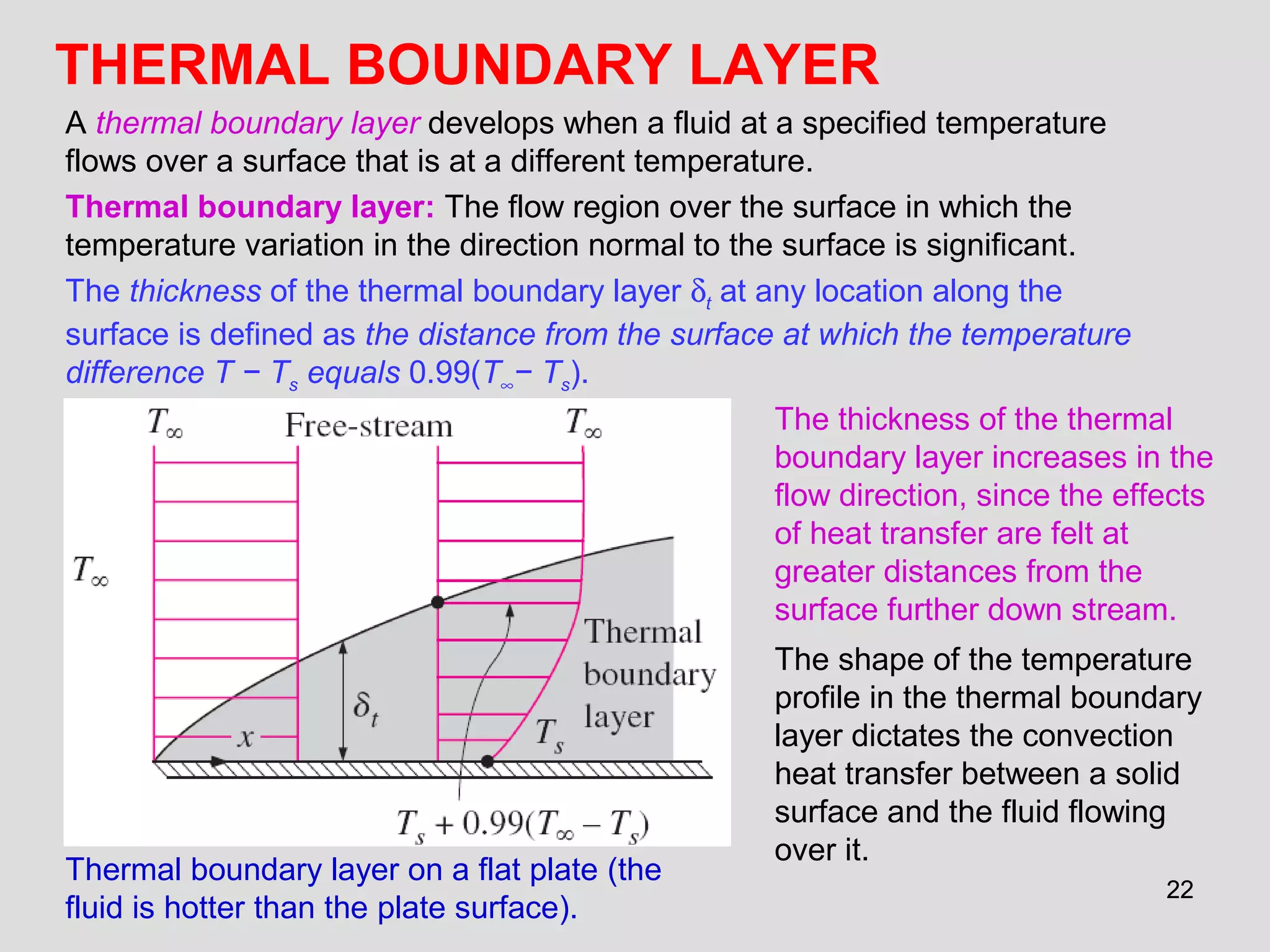 2222
THERMAL BOUNDARY LAYER
Thermal boundary layer on a flat plate (the
fluid is hotter than the plate surface).
A thermal boundary layer develops when a fluid at a specified temperature
flows over a surface that is at a different temperature.
Thermal boundary layer: The flow region over the surface in which the
temperature variation in the direction normal to the surface is significant.
The thickness of the thermal boundary layer δt at any location along the
surface is defined as the distance from the surface at which the temperature
difference T − Ts equals 0.99(T∞− Ts).
The thickness of the thermal
boundary layer increases in the
flow direction, since the effects
of heat transfer are felt at
greater distances from the
surface further down stream.
The shape of the temperature
profile in the thermal boundary
layer dictates the convection
heat transfer between a solid
surface and the fluid flowing
over it.
 