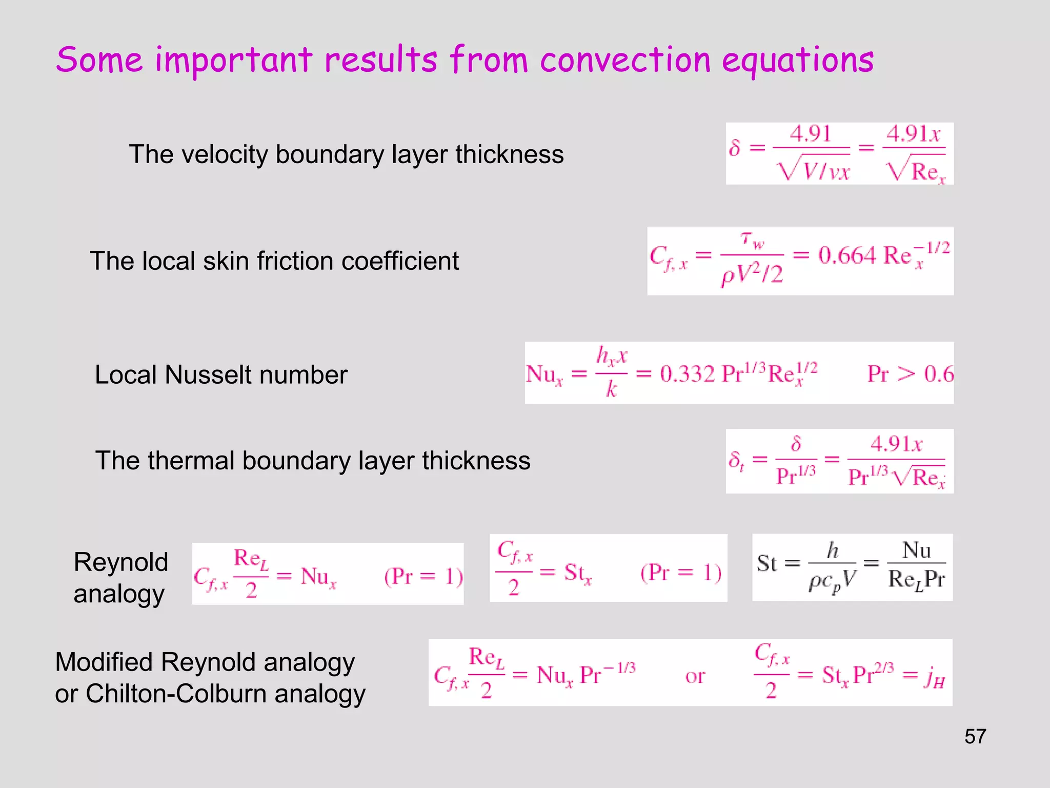 5757
Some important results from convection equations
The velocity boundary layer thickness
The local skin friction coefficient
The thermal boundary layer thickness
Local Nusselt number
Reynold
analogy
Modified Reynold analogy
or Chilton-Colburn analogy
 