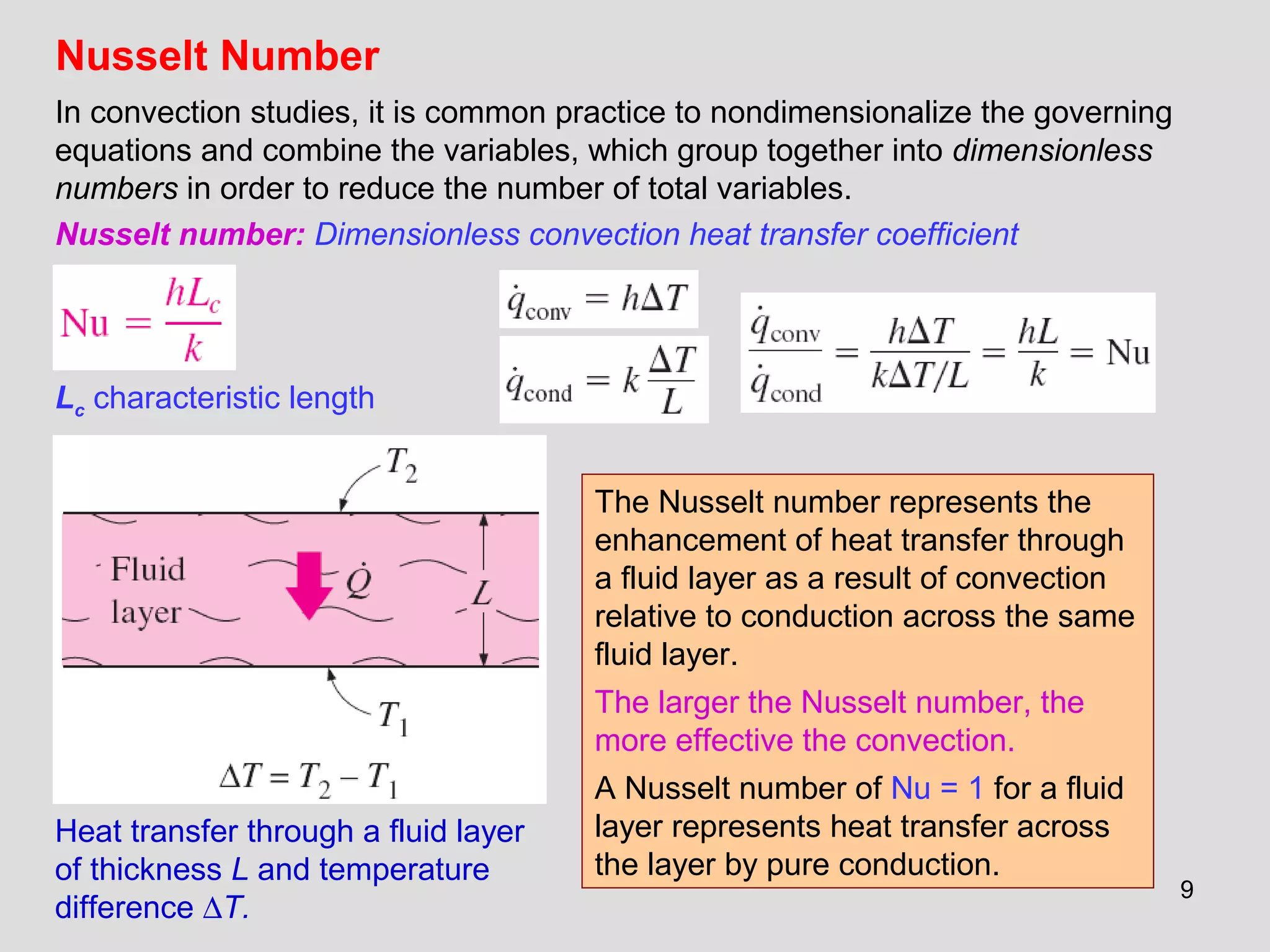 9
Nusselt Number
Heat transfer through a fluid layer
of thickness L and temperature
difference ∆T.
In convection studies, it is common practice to nondimensionalize the governing
equations and combine the variables, which group together into dimensionless
numbers in order to reduce the number of total variables.
Nusselt number: Dimensionless convection heat transfer coefficient
Lc characteristic length
The Nusselt number represents the
enhancement of heat transfer through
a fluid layer as a result of convection
relative to conduction across the same
fluid layer.
The larger the Nusselt number, the
more effective the convection.
A Nusselt number of Nu = 1 for a fluid
layer represents heat transfer across
the layer by pure conduction.
 
