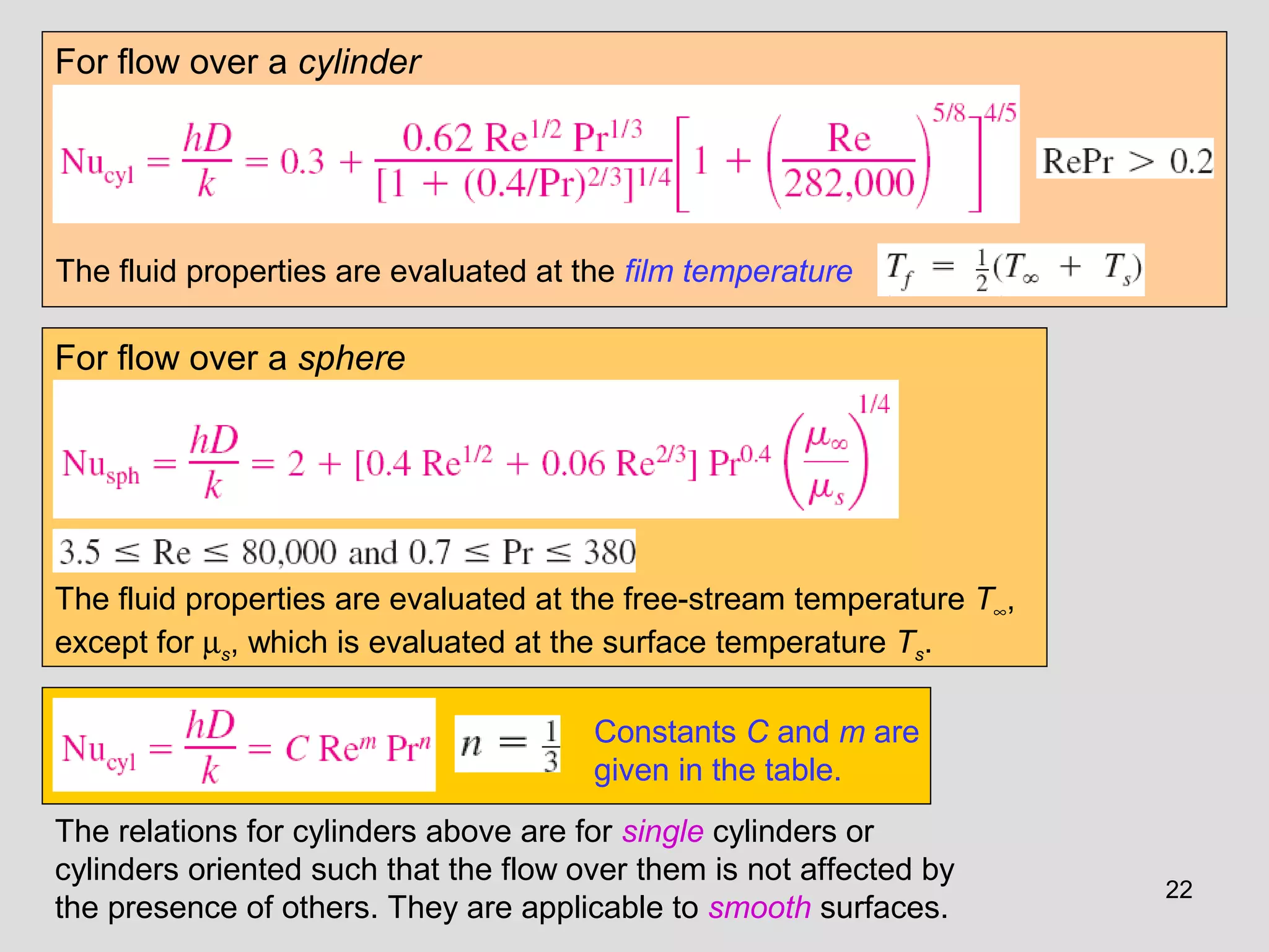 22
The fluid properties are evaluated at the film temperature
For flow over a cylinder
For flow over a sphere
The fluid properties are evaluated at the free-stream temperature T∞,
except for µs, which is evaluated at the surface temperature Ts.
Constants C and m are
given in the table.
The relations for cylinders above are for single cylinders or
cylinders oriented such that the flow over them is not affected by
the presence of others. They are applicable to smooth surfaces.
 