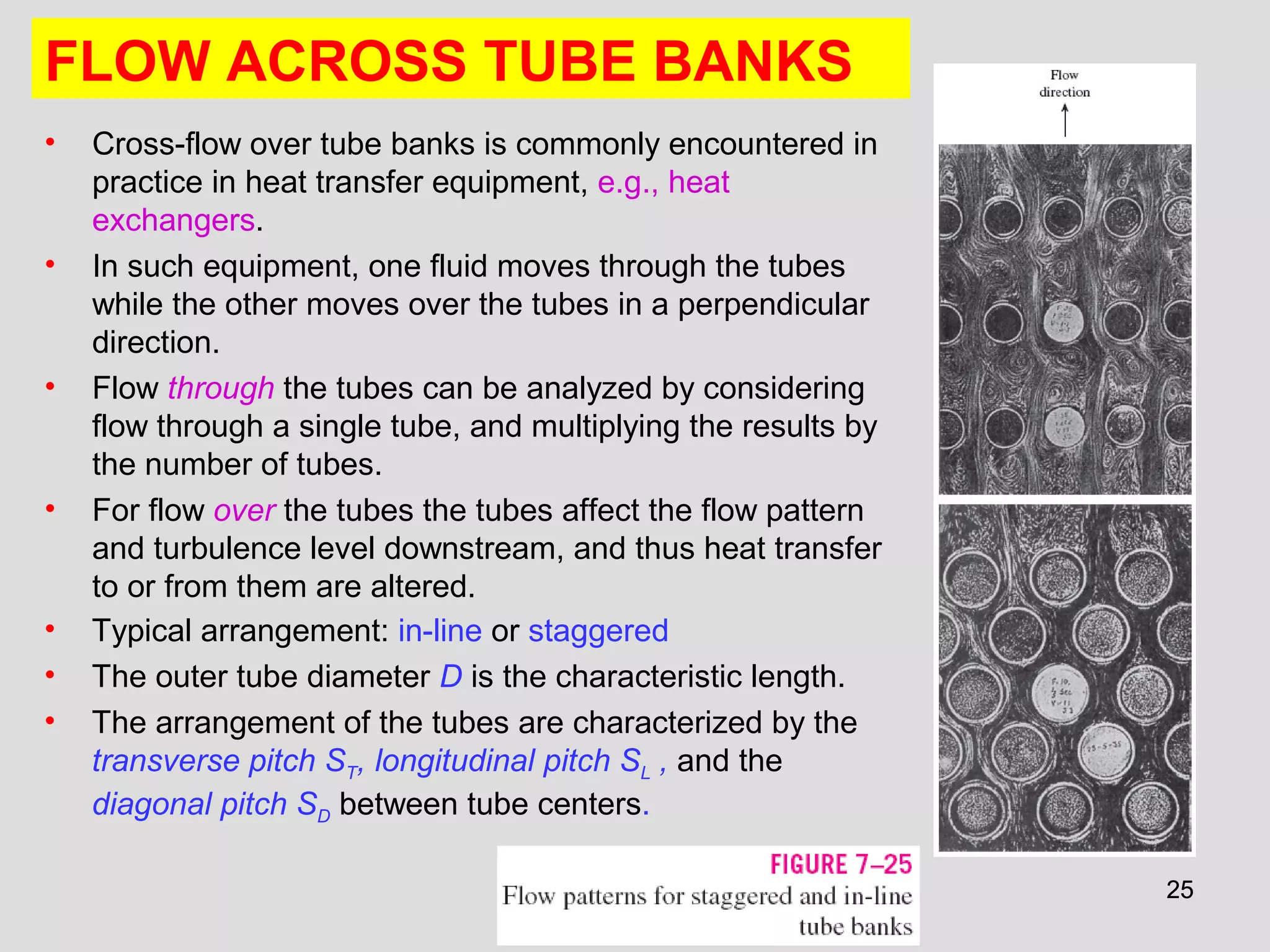 2525
FLOW ACROSS TUBE BANKS
• Cross-flow over tube banks is commonly encountered in
practice in heat transfer equipment, e.g., heat
exchangers.
• In such equipment, one fluid moves through the tubes
while the other moves over the tubes in a perpendicular
direction.
• Flow through the tubes can be analyzed by considering
flow through a single tube, and multiplying the results by
the number of tubes.
• For flow over the tubes the tubes affect the flow pattern
and turbulence level downstream, and thus heat transfer
to or from them are altered.
• Typical arrangement: in-line or staggered
• The outer tube diameter D is the characteristic length.
• The arrangement of the tubes are characterized by the
transverse pitch ST, longitudinal pitch SL , and the
diagonal pitch SD between tube centers.
 