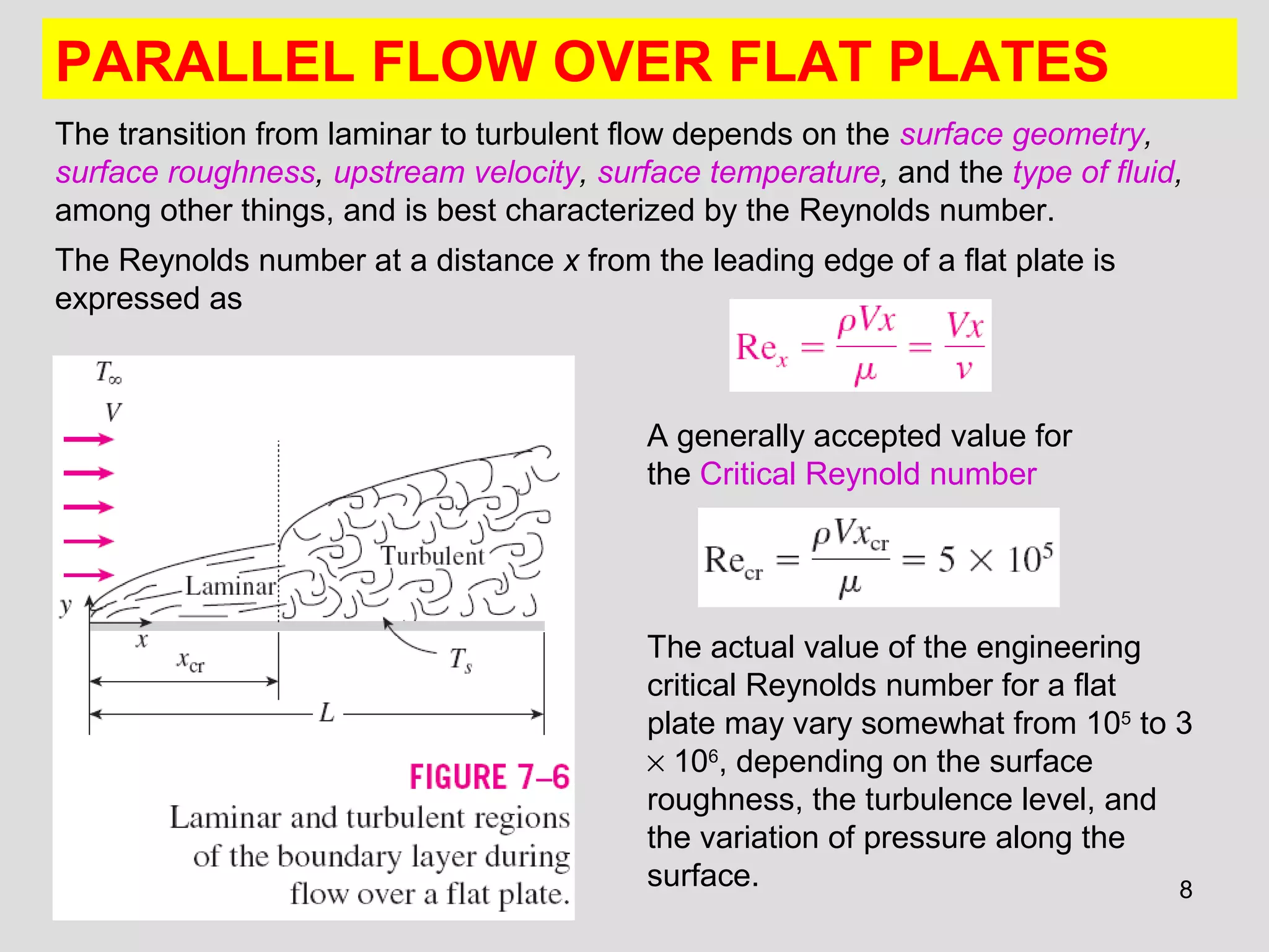 8
PARALLEL FLOW OVER FLAT PLATES
The transition from laminar to turbulent flow depends on the surface geometry,
surface roughness, upstream velocity, surface temperature, and the type of fluid,
among other things, and is best characterized by the Reynolds number.
The Reynolds number at a distance x from the leading edge of a flat plate is
expressed as
A generally accepted value for
the Critical Reynold number
The actual value of the engineering
critical Reynolds number for a flat
plate may vary somewhat from 105
to 3
× 106
, depending on the surface
roughness, the turbulence level, and
the variation of pressure along the
surface.
 