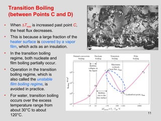 11
Transition Boiling
(between Points C and D)
• When ∆Texcess is increased past point C,
the heat flux decreases.
• This is because a large fraction of the
heater surface is covered by a vapor
film, which acts as an insulation.
• In the transition boiling
regime, both nucleate and
film boiling partially occur.
• Operation in the transition
boiling regime, which is
also called the unstable
film boiling regime, is
avoided in practice.
• For water, transition boiling
occurs over the excess
temperature range from
about 30°C to about
120°C.
 