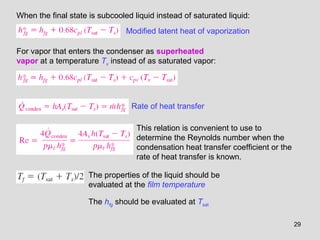 29
Modified latent heat of vaporization
For vapor that enters the condenser as superheated
vapor at a temperature Tv instead of as saturated vapor:
When the final state is subcooled liquid instead of saturated liquid:
Rate of heat transfer
This relation is convenient to use to
determine the Reynolds number when the
condensation heat transfer coefficient or the
rate of heat transfer is known.
The properties of the liquid should be
evaluated at the film temperature
The hfg should be evaluated at Tsat
 