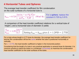 38
4 Horizontal Tubes and Spheres
The average heat transfer coefficient for film condensation
on the outer surfaces of a horizontal tube is
For a sphere, replace the
constant 0.729 by 0.815.
A comparison of the heat transfer coefficient relations for a vertical tube of
height L and a horizontal tube of diameter D yields
For a tube whose length is 2.77 times its diameter, the average heat transfer coefficient for
laminar film condensation will be the same whether the tube is positioned horizontally or
vertically.
For L > 2.77D, the heat transfer coefficient is higher in the horizontal position.
Considering that the length of a tube in any practical application is several times its diameter, it is
common practice to place the tubes in a condenser horizontally to maximize the condensation
heat transfer coefficient on the outer surfaces of the tubes.
 
