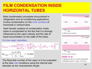 42
FILM CONDENSATION INSIDE
HORIZONTAL TUBES
Most condensation processes encountered in
refrigeration and air-conditioning applications
involve condensation on the inner surfaces of
horizontal or vertical tubes.
Heat transfer analysis of condensation inside
tubes is complicated by the fact that it is strongly
influenced by the vapor velocity and the rate of
liquid accumulation on the walls of the tubes.
For low vapor velocities:
The Reynolds number of the vapor is to be evaluated
at the tube inlet conditions using the internal tube
diameter as the characteristic length.
 
