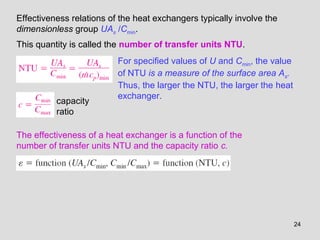 24
Effectiveness relations of the heat exchangers typically involve the
dimensionless group UAs /Cmin.
This quantity is called the number of transfer units NTU.
For specified values of U and Cmin, the value
of NTU is a measure of the surface area As.
Thus, the larger the NTU, the larger the heat
exchanger.
capacity
ratio
The effectiveness of a heat exchanger is a function of the
number of transfer units NTU and the capacity ratio c.
 