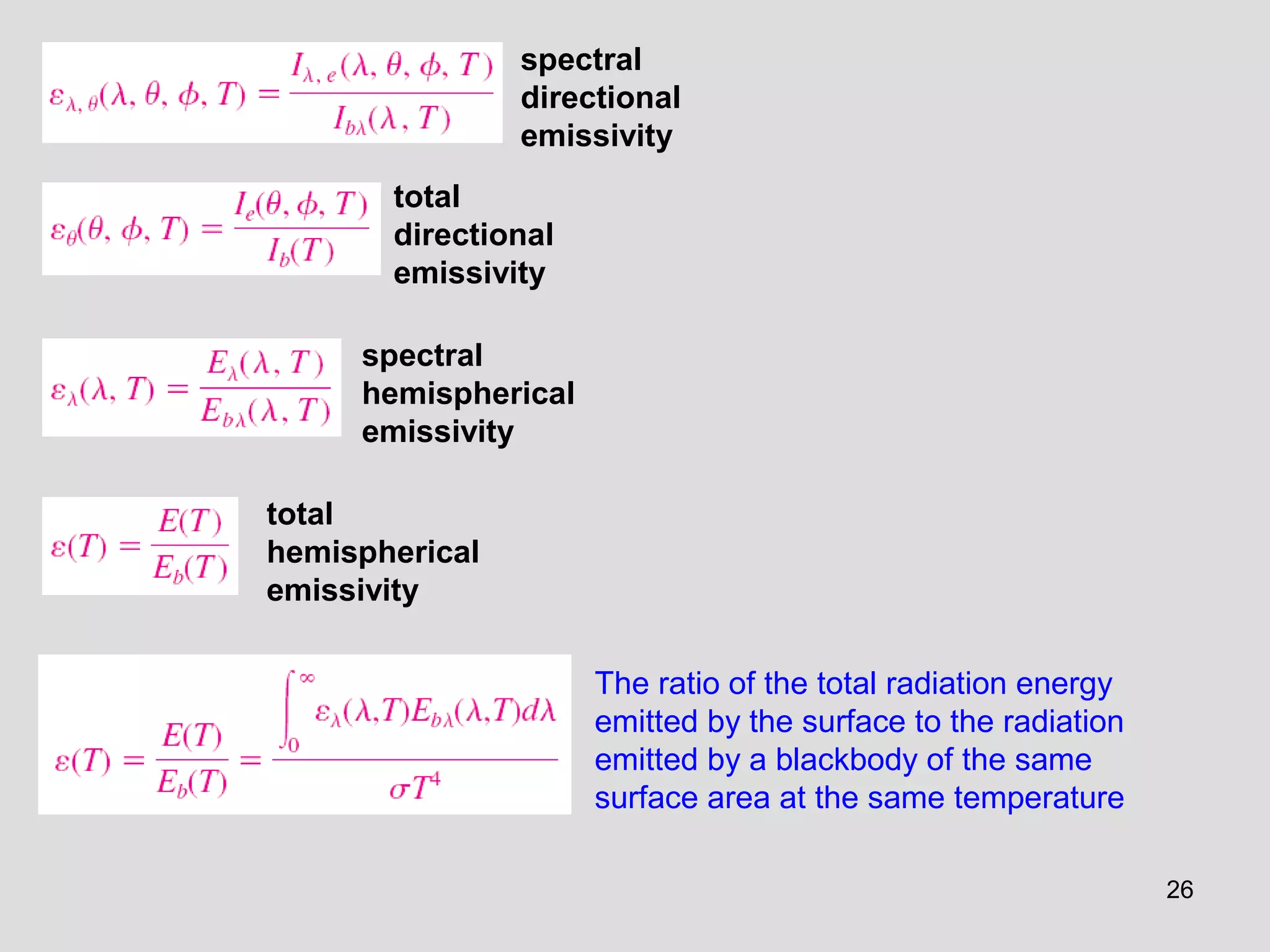 spectral
directional
emissivity
total
directional
emissivity
spectral
hemispherical
emissivity
total
hemispherical
emissivity
The ratio of the total radiation energy
emitted by the surface to the radiation
emitted by a blackbody of the same
surface area at the same temperature
26
 