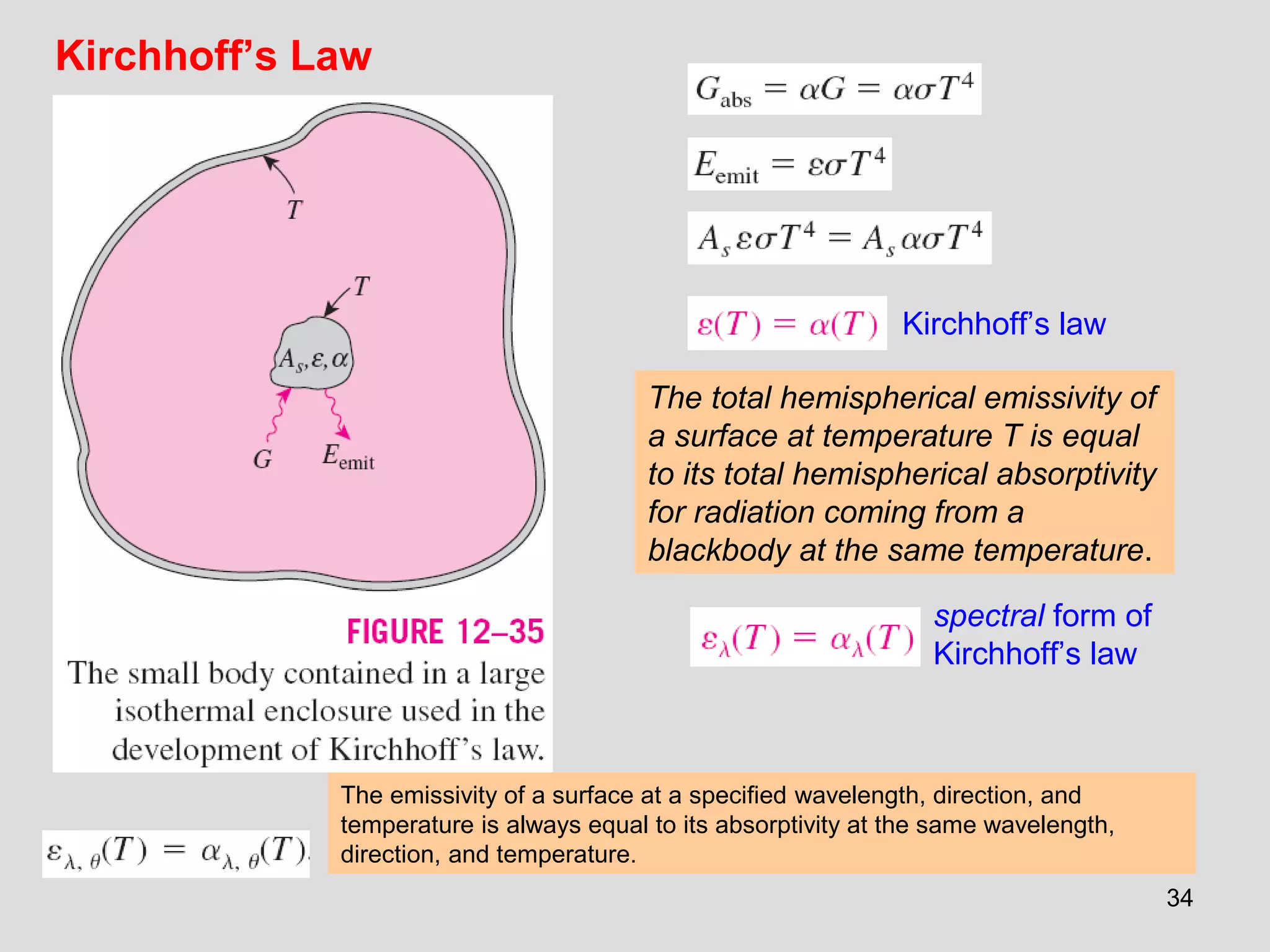 34
Kirchhoff’s Law
The total hemispherical emissivity of
a surface at temperature T is equal
to its total hemispherical absorptivity
for radiation coming from a
blackbody at the same temperature.
Kirchhoff’s law
spectral form of
Kirchhoff’s law
The emissivity of a surface at a specified wavelength, direction, and
temperature is always equal to its absorptivity at the same wavelength,
direction, and temperature.
 