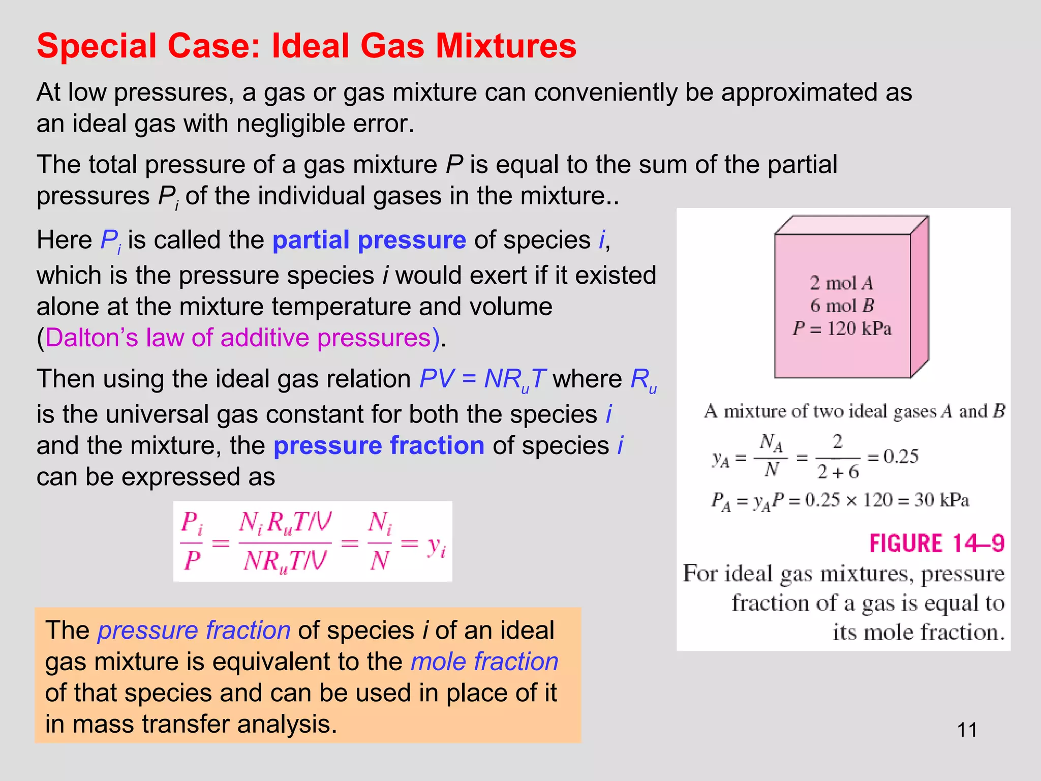 11
Special Case: Ideal Gas Mixtures
At low pressures, a gas or gas mixture can conveniently be approximated as
an ideal gas with negligible error.
The total pressure of a gas mixture P is equal to the sum of the partial
pressures Pi of the individual gases in the mixture..
Here Pi is called the partial pressure of species i,
which is the pressure species i would exert if it existed
alone at the mixture temperature and volume
(Dalton’s law of additive pressures).
Then using the ideal gas relation PV = NRuT where Ru
is the universal gas constant for both the species i
and the mixture, the pressure fraction of species i
can be expressed as
The pressure fraction of species i of an ideal
gas mixture is equivalent to the mole fraction
of that species and can be used in place of it
in mass transfer analysis.
 
