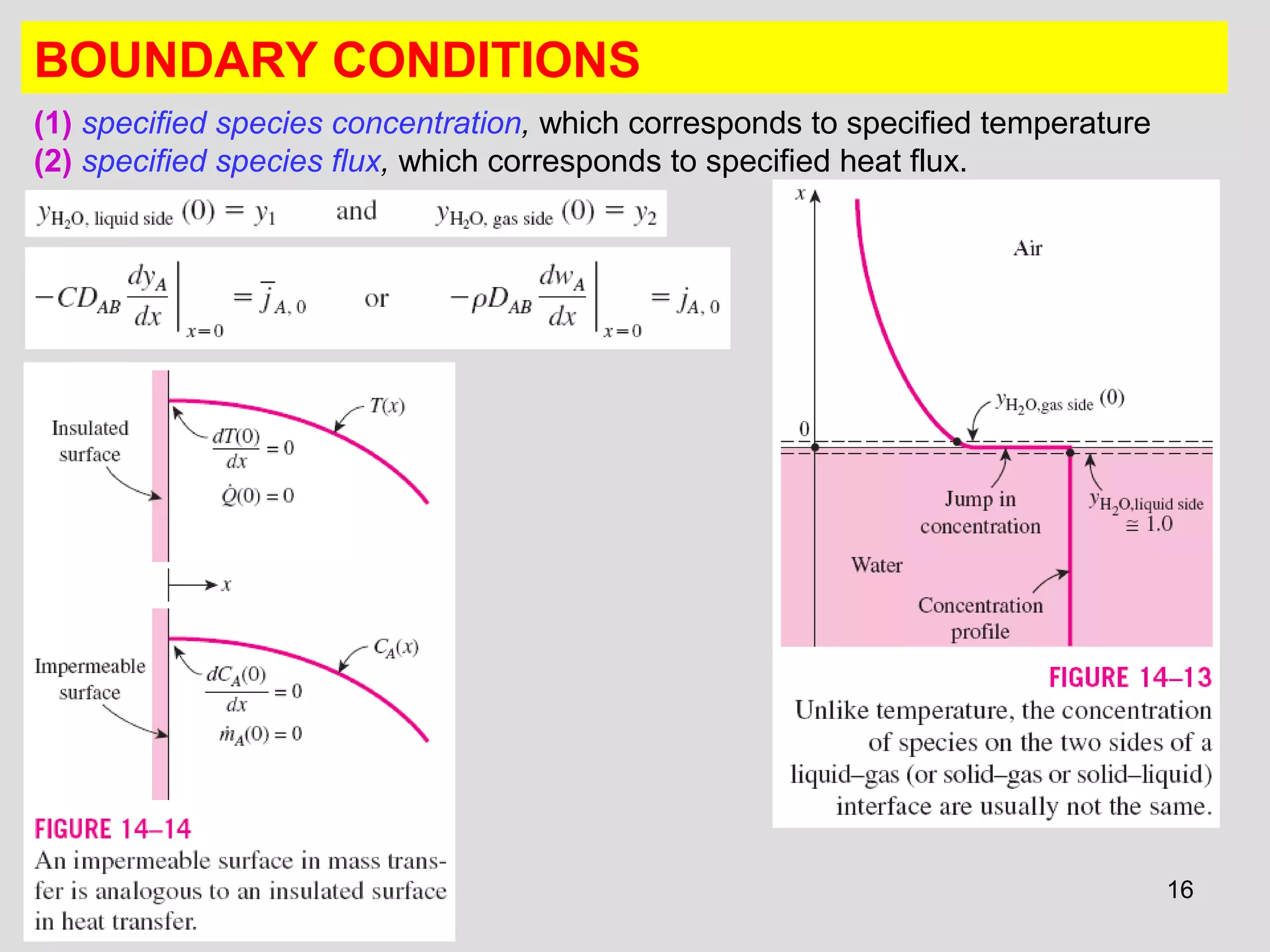 16
BOUNDARY CONDITIONS
(1) specified species concentration, which corresponds to specified temperature
(2) specified species flux, which corresponds to specified heat flux.
 