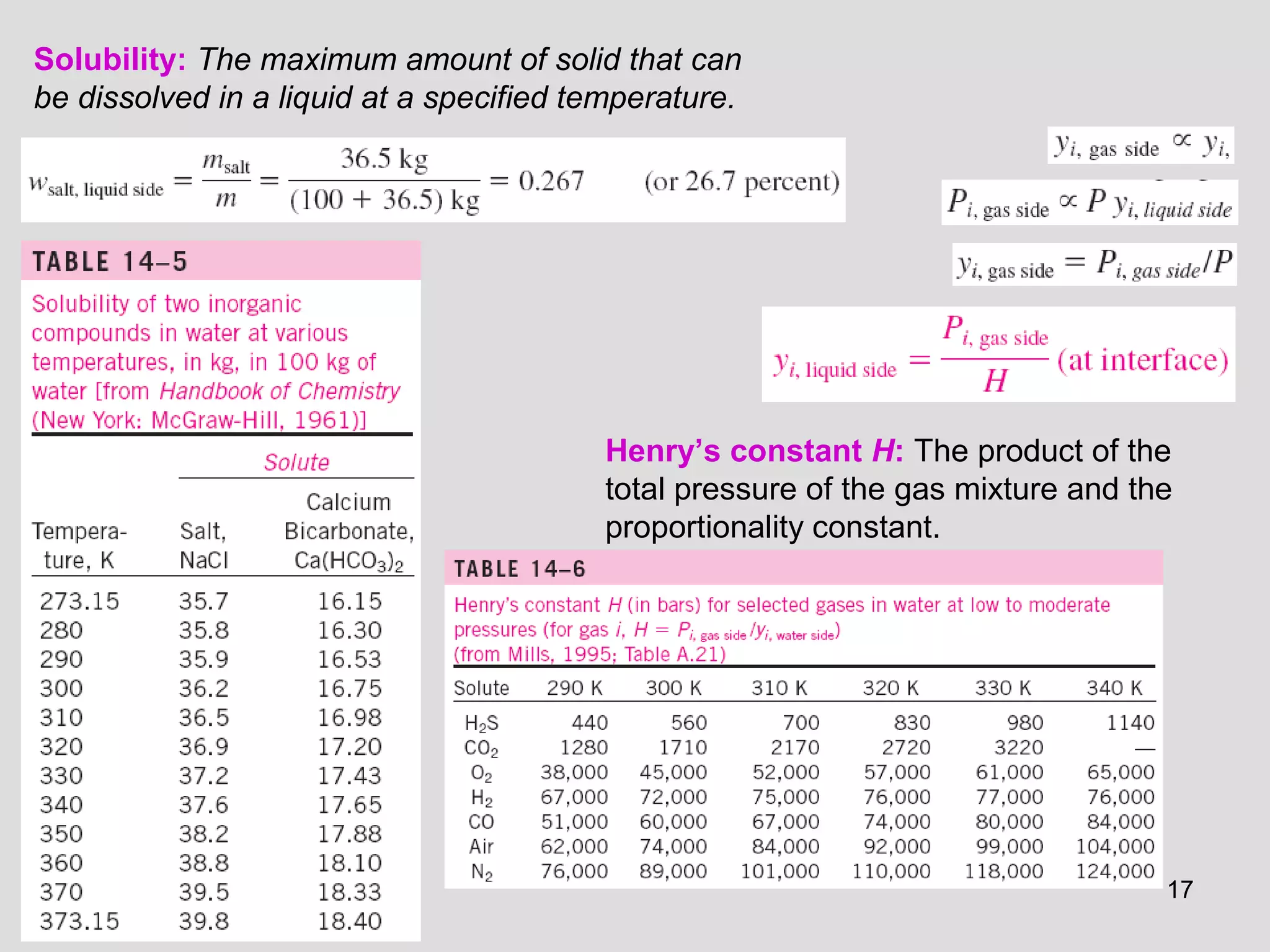 17
Solubility: The maximum amount of solid that can
be dissolved in a liquid at a specified temperature.
Henry’s constant H: The product of the
total pressure of the gas mixture and the
proportionality constant.
 