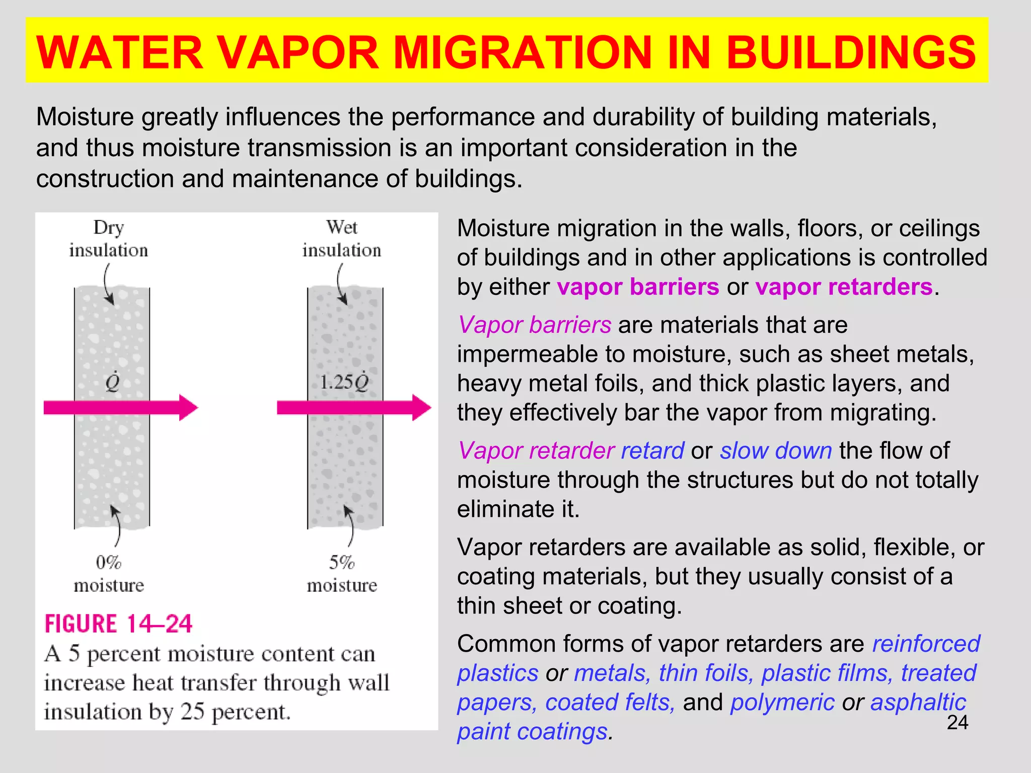 24
WATER VAPOR MIGRATION IN BUILDINGS
Moisture greatly influences the performance and durability of building materials,
and thus moisture transmission is an important consideration in the
construction and maintenance of buildings.
Moisture migration in the walls, floors, or ceilings
of buildings and in other applications is controlled
by either vapor barriers or vapor retarders.
Vapor barriers are materials that are
impermeable to moisture, such as sheet metals,
heavy metal foils, and thick plastic layers, and
they effectively bar the vapor from migrating.
Vapor retarder retard or slow down the flow of
moisture through the structures but do not totally
eliminate it.
Vapor retarders are available as solid, flexible, or
coating materials, but they usually consist of a
thin sheet or coating.
Common forms of vapor retarders are reinforced
plastics or metals, thin foils, plastic films, treated
papers, coated felts, and polymeric or asphaltic
paint coatings.
 