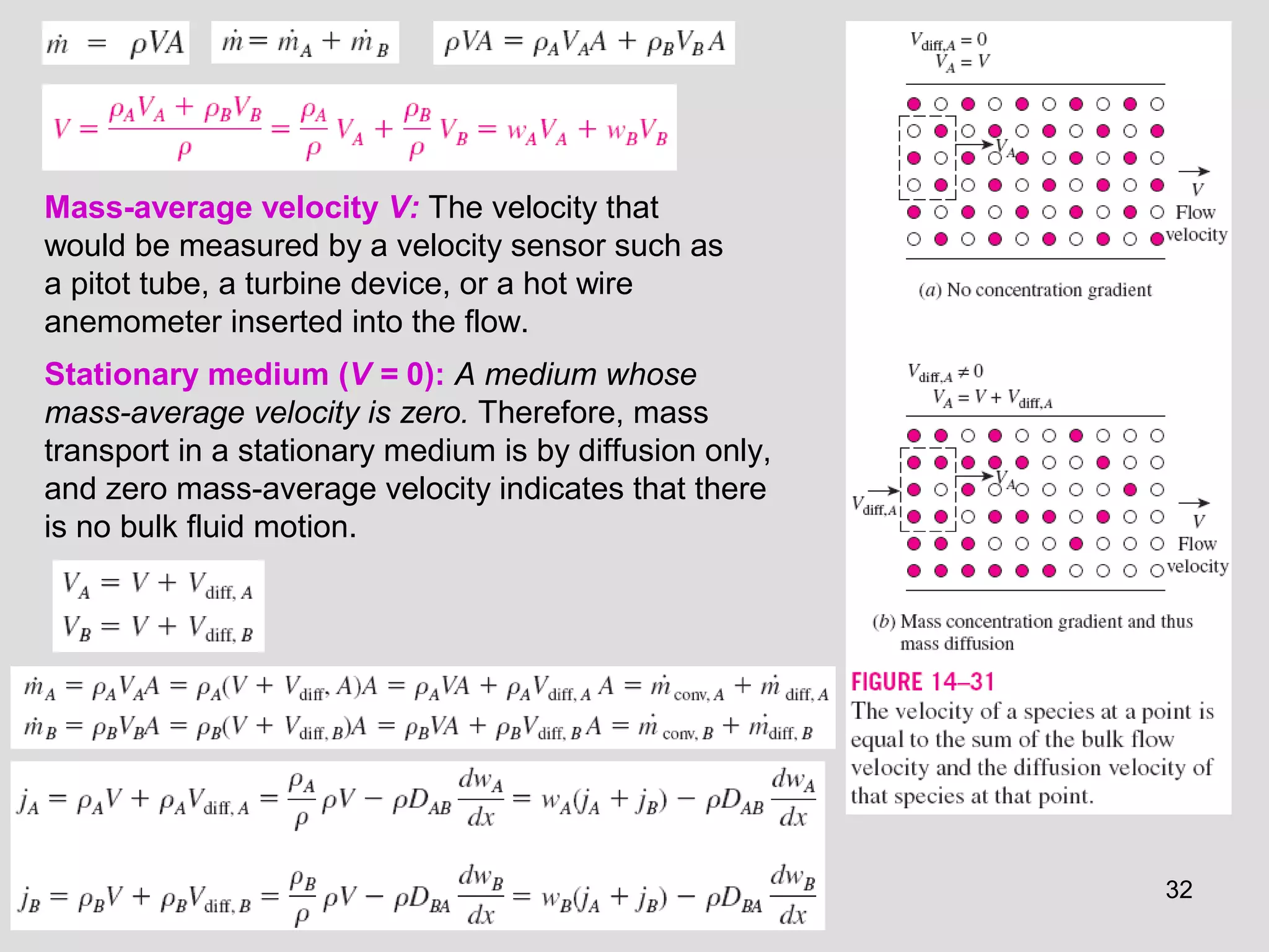 32
Mass-average velocity V: The velocity that
would be measured by a velocity sensor such as
a pitot tube, a turbine device, or a hot wire
anemometer inserted into the flow.
Stationary medium (V = 0): A medium whose
mass-average velocity is zero. Therefore, mass
transport in a stationary medium is by diffusion only,
and zero mass-average velocity indicates that there
is no bulk fluid motion.
 