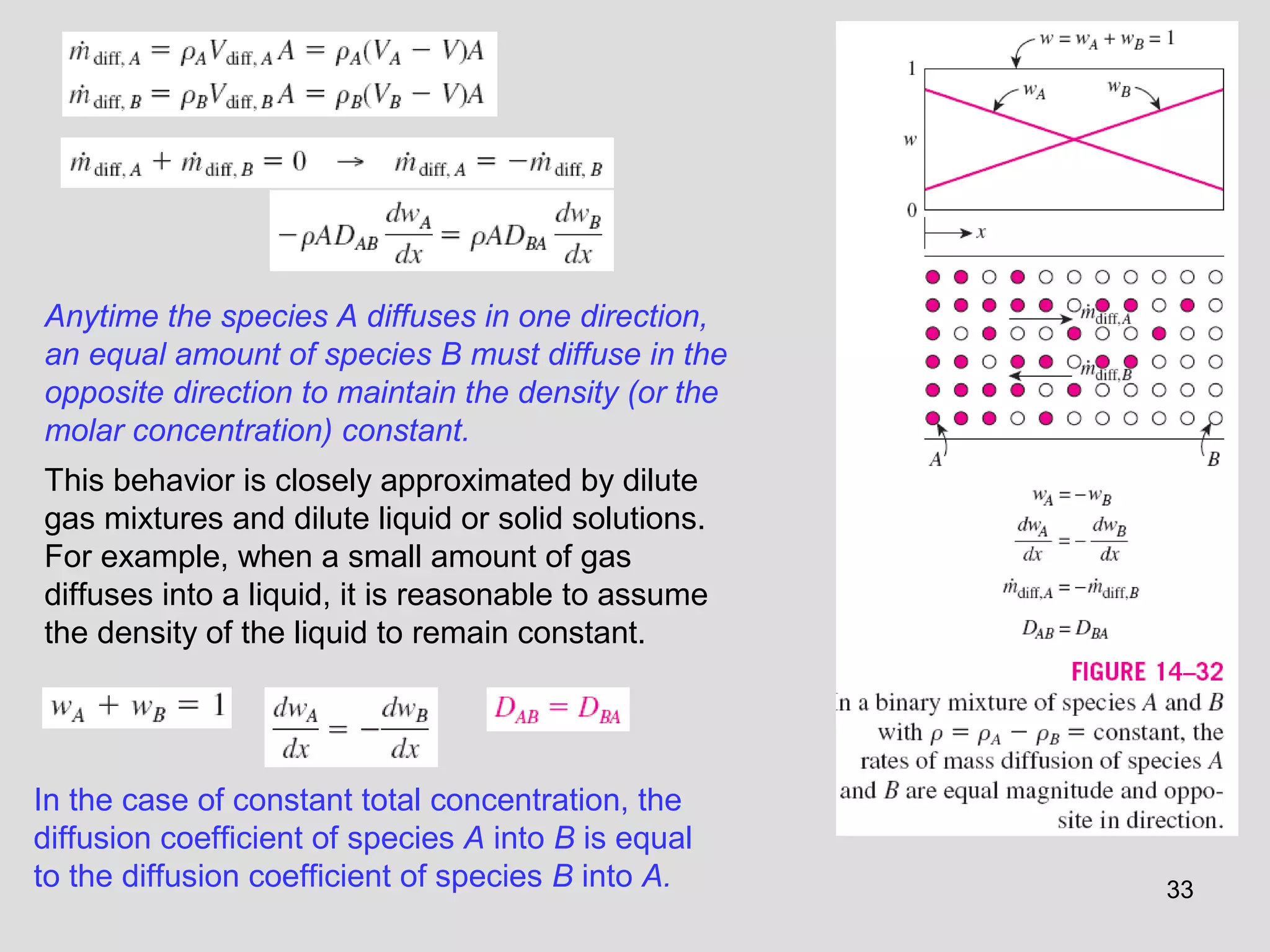 33
Anytime the species A diffuses in one direction,
an equal amount of species B must diffuse in the
opposite direction to maintain the density (or the
molar concentration) constant.
This behavior is closely approximated by dilute
gas mixtures and dilute liquid or solid solutions.
For example, when a small amount of gas
diffuses into a liquid, it is reasonable to assume
the density of the liquid to remain constant.
In the case of constant total concentration, the
diffusion coefficient of species A into B is equal
to the diffusion coefficient of species B into A.
 