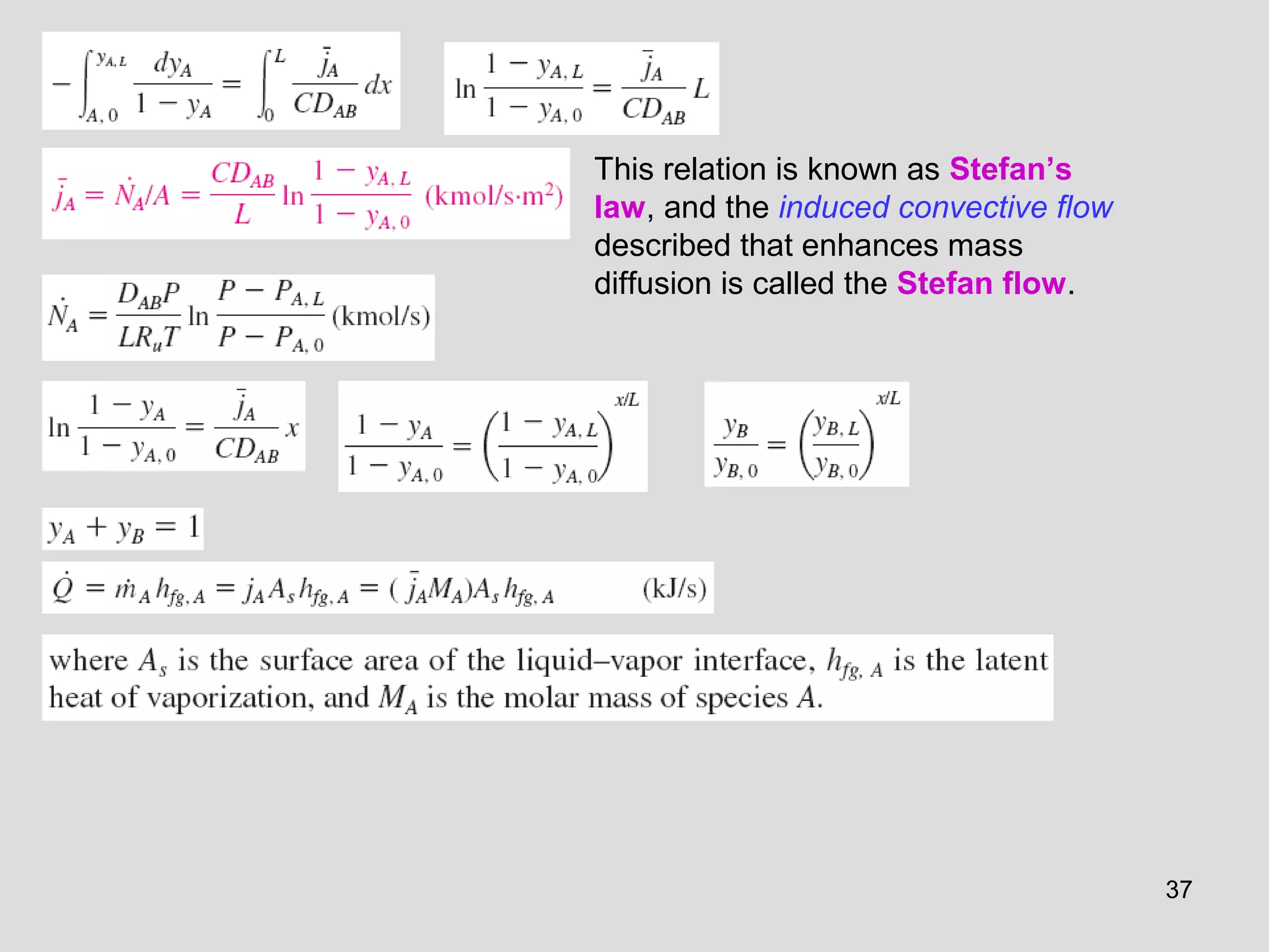 37
This relation is known as Stefan’s
law, and the induced convective flow
described that enhances mass
diffusion is called the Stefan flow.
 