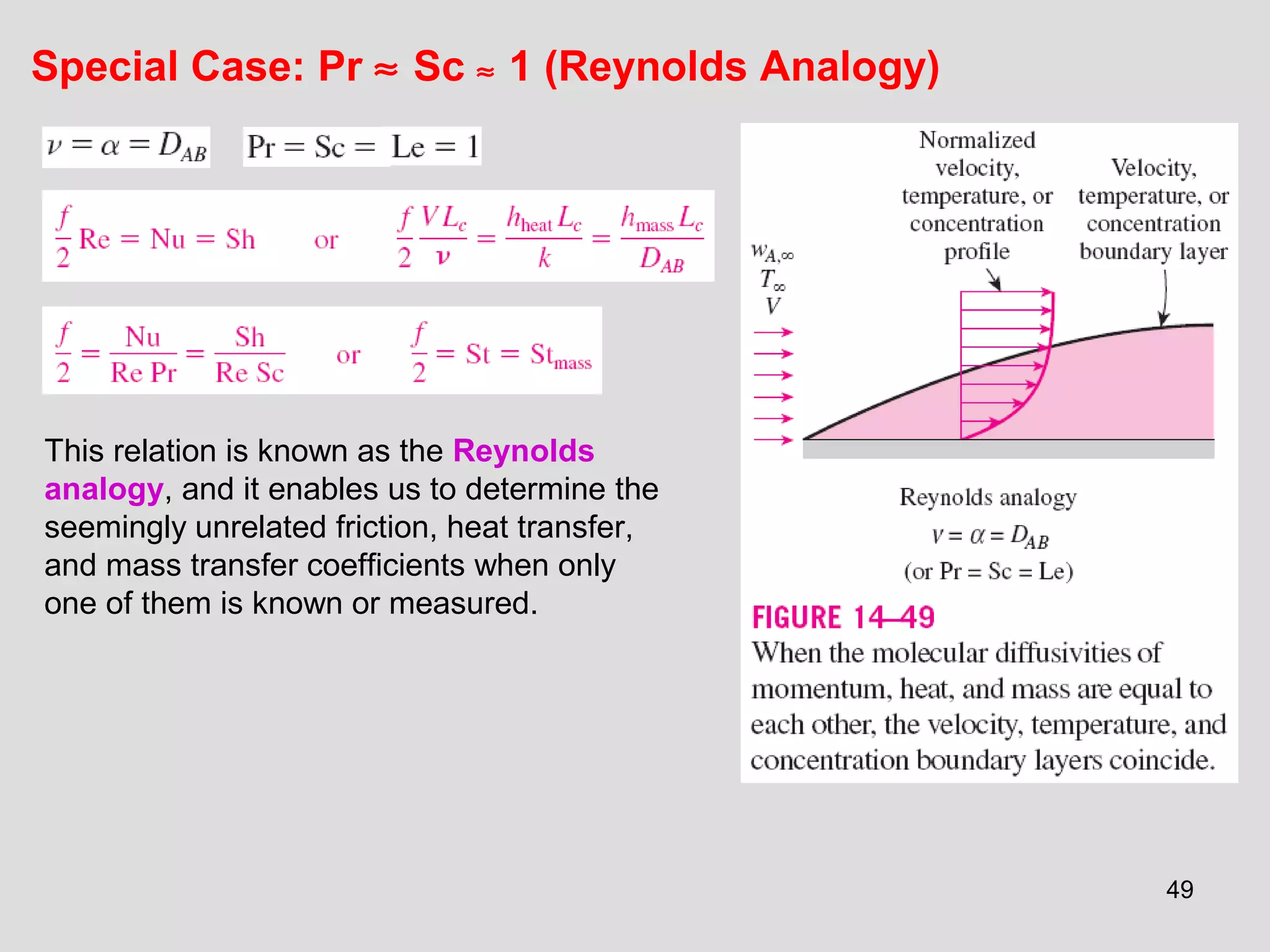 49
Special Case: Pr ≈ Sc ≈ 1 (Reynolds Analogy)
This relation is known as the Reynolds
analogy, and it enables us to determine the
seemingly unrelated friction, heat transfer,
and mass transfer coefficients when only
one of them is known or measured.
 