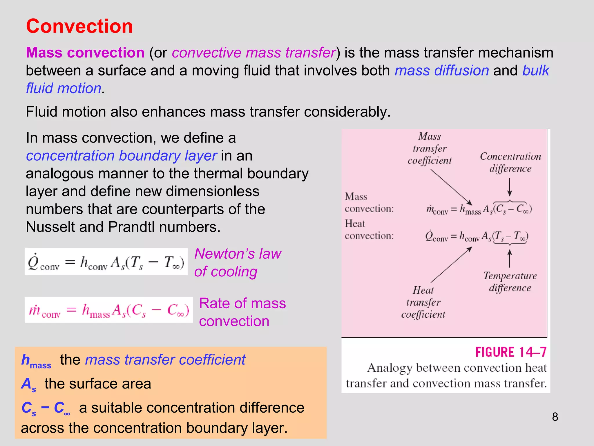 8
Convection
Mass convection (or convective mass transfer) is the mass transfer mechanism
between a surface and a moving fluid that involves both mass diffusion and bulk
fluid motion.
Fluid motion also enhances mass transfer considerably.
Newton’s law
of cooling
Rate of mass
convection
In mass convection, we define a
concentration boundary layer in an
analogous manner to the thermal boundary
layer and define new dimensionless
numbers that are counterparts of the
Nusselt and Prandtl numbers.
hmass the mass transfer coefficient
As the surface area
Cs − C∞ a suitable concentration difference
across the concentration boundary layer.
 