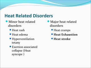 Heat Related Disorders
Minor heat related
disorders
Heat rash
Heat edema
Hyperventilation
tetany
Exertion associated
collapse (Heat
syncope )
Major heat related
disorders
Heat cramps
Heat Exhaustion
Heat stroke
 