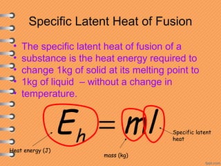 Specific Latent Heat of Fusion
• The specific latent heat of fusion of a
• substance is the heat energy required to
• change 1kg of solid at its melting point to
• 1kg of liquid – without a change in
• temperature.
mlEh
=
Heat energy (J)
mass (kg)
Specific latent
heat
 