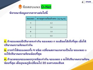 ข้อสอบแนว O-Net
พิจารณาข้อมูลจากตารางต่อไปนี้
ก. ถ้าของเหลวมีปริมาตรเท่ากัน ของเหลว ก จะเดือดได้เร็วที่สุด เมื่อให้
ปริมาณความร้อนเท่ากัน
ข. การทําให้ของเหลวทั้ง 4 ชนิด เปลี่ยนสถานะกลายเป็นไอ ของเหลว ง
จะใช้ปริมาณความร้อนน้อยที่สุด
ค. ถ้ามวลของของเหลวทุกชนิดเท่ากัน ของเหลว ง จะใช้ปริมาณความร้อน
น้อยที่สุด เมื่ออุณหภูมิเปลี่ยนไป 20 องศาเซลเซียส
 
