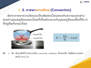 2. การพาความร้อน (Convection)
อัตราการพาความร้อนจะเป็นสัดส่วนโดยตรงกับความแตกต่าง
ระหว่างอุณหภูมิของของไหลที่เป็นตัวกลางกับอุณหภูมิของพื้นที่ผิว A
ที่อยู่ติดกับของไหล
 