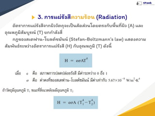 3. การแผ่รังสีความร้อน (Radiation)
อัตราการแผ่รังสีจากผิววัตถุจะเป็นสัดส่วนโดยตรงกับพื้นที่ผิว (A) และ
อุณหภูมิสัมบูรณ์ (T) ยกกําลังสี่
กฎของสเตฟาน-โบลต์ซมันน์ (Stefan-Boltzmann’s law) แสดงความ
สัมพันธ์ระหว่างอัตราการแผ่รังสี (H) กับอุณหภูมิ (T) ดังนี้
 