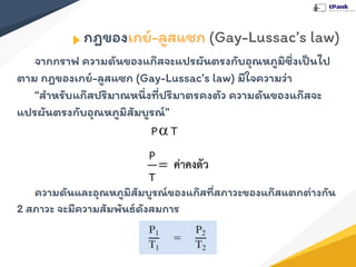 จากกราฟ ความดันของแก๊สจะแปรผันตรงกับอุณหภูมิซึ่งเป็นไป
ตาม กฎของเกย์-ลูสแซก (Gay-Lussac’s law) มีใจความว่า
“สําหรับแก๊สปริมาณหนึ่งที่ปริมาตรคงตัว ความดันของแก๊สจะ
แปรผันตรงกับอุณหภูมิสัมบูรณ์”
ความดันและอุณหภูมิสัมบูรณ์ของแก๊สที่สภาวะของแก๊สแตกต่างกัน
2 สภาวะ จะมีความสัมพันธ์ดังสมการ
กฎของเกย์-ลูสแซก (Gay-Lussac’s law)
 