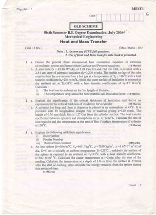 6th Semester Mechanical Engineering: Heat and mass transfer (July-2006) Question Papers