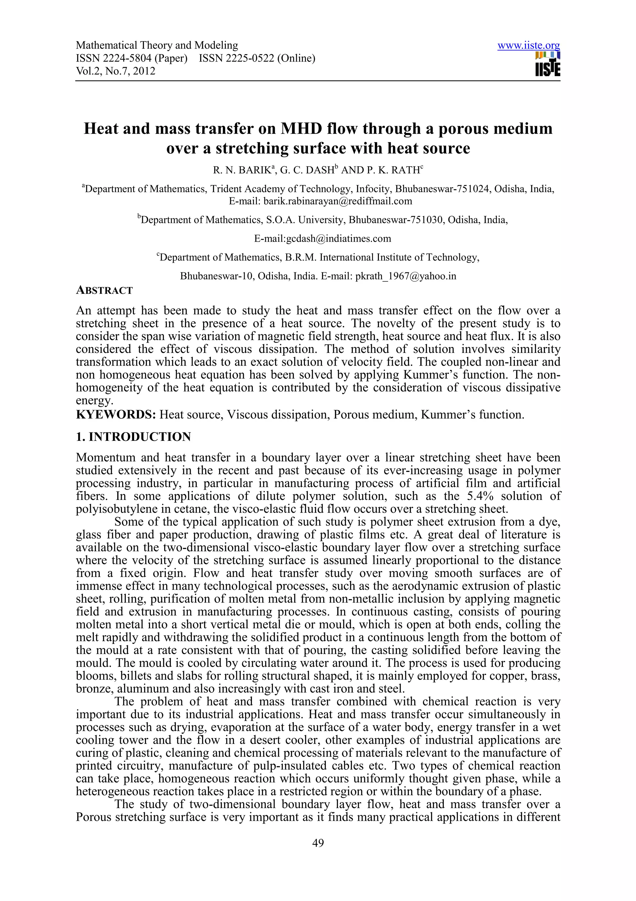 Heat and mass transfer on mhd flow through a porous medium | PDF