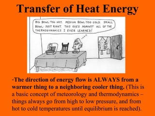 -The direction of energy flow is ALWAYS from a
warmer thing to a neighboring cooler thing. (This is
a basic concept of meteorology and thermodynamics –
things always go from high to low pressure, and from
hot to cold temperatures until equilibrium is reached).
Transfer of Heat Energy
 