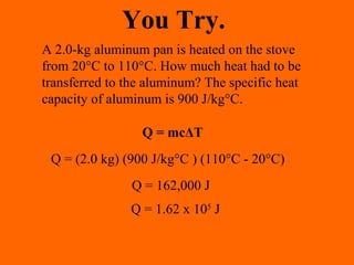 You Try.
Q = mcΔT
A 2.0-kg aluminum pan is heated on the stove
from 20°C to 110°C. How much heat had to be
transferred to the aluminum? The specific heat
capacity of aluminum is 900 J/kg°C.
Q = (2.0 kg) (900 J/kg°C ) (110°C - 20°C)
Q = 162,000 J
Q = 1.62 x 105
J
 