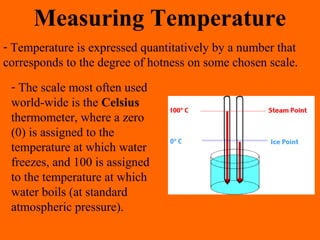 Measuring Temperature
- Temperature is expressed quantitatively by a number that
corresponds to the degree of hotness on some chosen scale.
- The scale most often used
world-wide is the Celsius
thermometer, where a zero
(0) is assigned to the
temperature at which water
freezes, and 100 is assigned
to the temperature at which
water boils (at standard
atmospheric pressure).
 