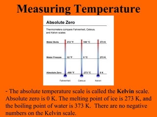 - The absolute temperature scale is called the Kelvin scale.
Absolute zero is 0 K. The melting point of ice is 273 K, and
the boiling point of water is 373 K. There are no negative
numbers on the Kelvin scale.
Measuring Temperature
 