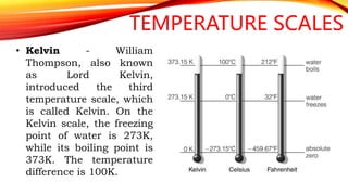 TEMPERATURE SCALES
• Kelvin - William
Thompson, also known
as Lord Kelvin,
introduced the third
temperature scale, which
is called Kelvin. On the
Kelvin scale, the freezing
point of water is 273K,
while its boiling point is
373K. The temperature
difference is 100K.
 