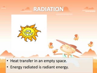 • Heat transfer in an empty space.
• Energy radiated is radiant energy.
 