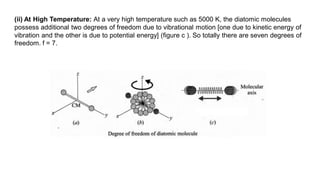 (ii) At High Temperature: At a very high temperature such as 5000 K, the diatomic molecules
possess additional two degrees of freedom due to vibrational motion [one due to kinetic energy of
vibration and the other is due to potential energy] (figure c ). So totally there are seven degrees of
freedom. f = 7.
 