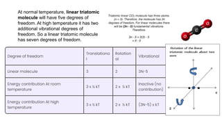 At normal temperature, linear triatomic
molecule will have five degrees of
freedom. At high temperature it has two
additional vibrational degrees of
freedom. So a linear triatomic molecule
has seven degrees of freedom.
 