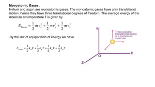 Monoatomic Gases:
Helium and argon are monoatomic gases. The monoatomic gases have only translational
motion, hence they have three translational degrees of freedom. The average energy of the
molecule at temperature T is given by
By the law of equipartition of energy we have
 