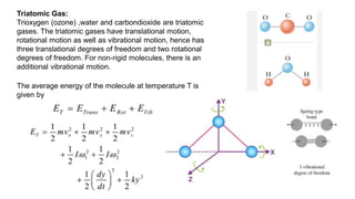 Triatomic Gas:
Trioxygen (ozone) ,water and carbondioxide are triatomic
gases. The triatomic gases have translational motion,
rotational motion as well as vibrational motion, hence has
three translational degrees of freedom and two rotational
degrees of freedom. For non-rigid molecules, there is an
additional vibrational motion.
The average energy of the molecule at temperature T is
given by
 
