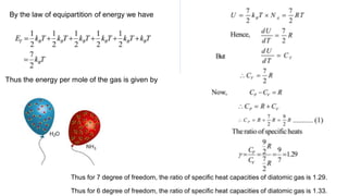 By the law of equipartition of energy we have
Thus the energy per mole of the gas is given by
Thus for 7 degree of freedom, the ratio of specific heat capacities of diatomic gas is 1.29.
Thus for 6 degree of freedom, the ratio of specific heat capacities of diatomic gas is 1.33.
 